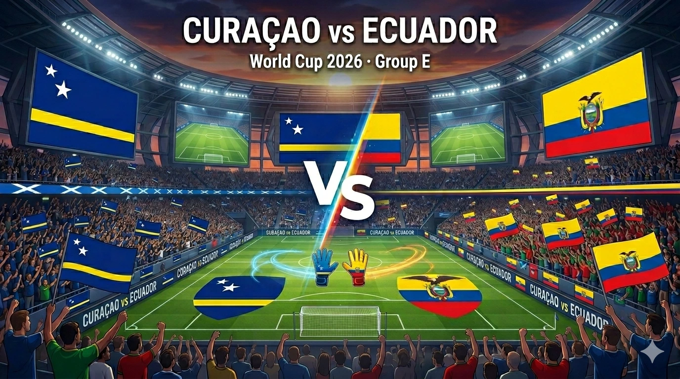 Curaçao vs Ecuador World Cup 2026 match preview graphic, smallest nation at the World Cup facing Ecuador in Group E