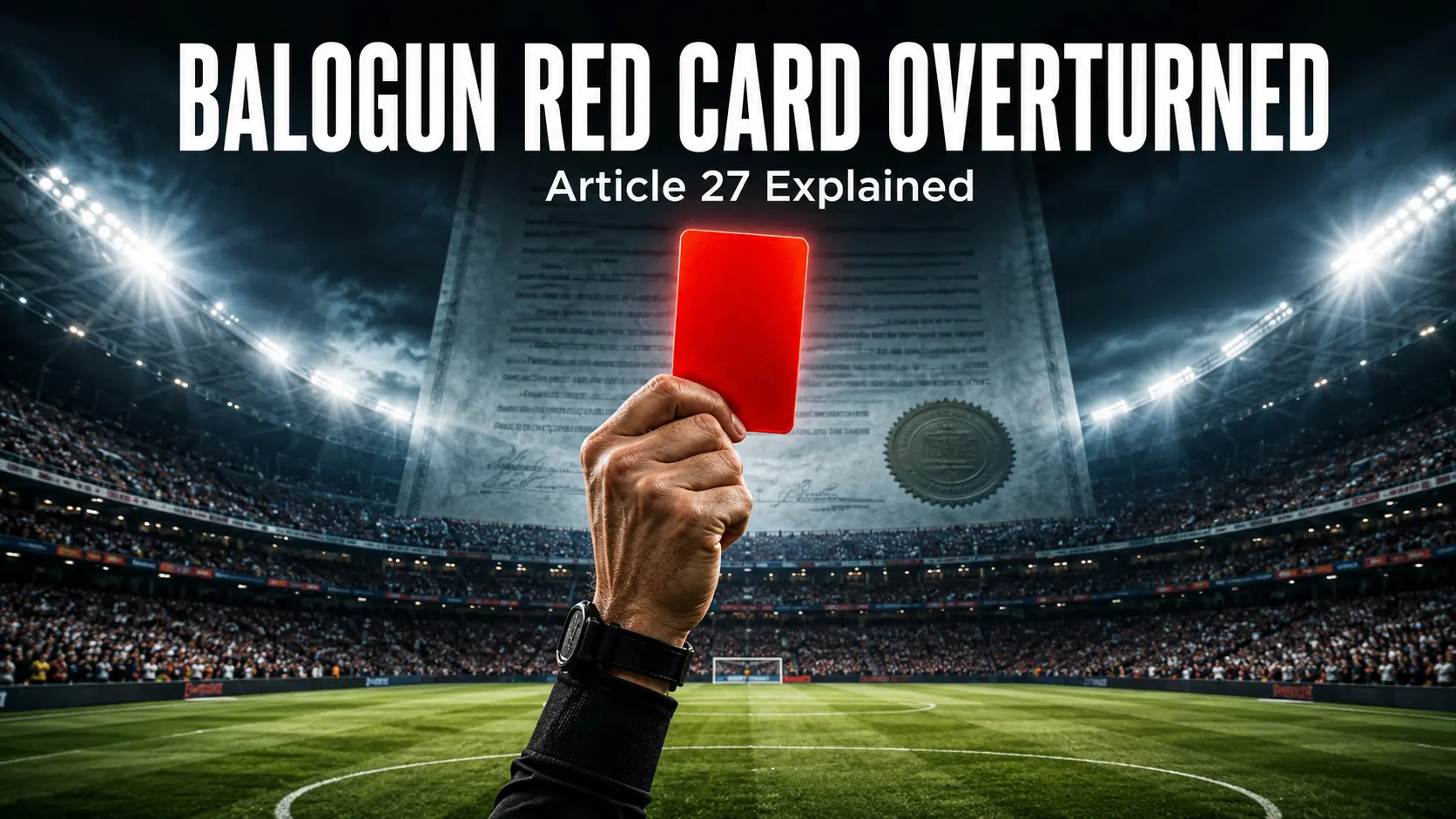 Referee's hand raising a red card in a floodlit stadium with a legal document behind it — Balogun red card overturned under FIFA's Article 27