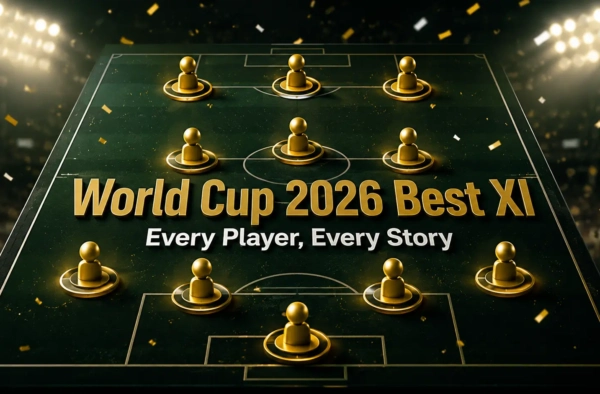 World Cup 2026 Best XI — golden player markers in a 4-3-3 formation on a tactics board