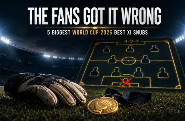World Cup 2026 Best XI snubs — abandoned goalkeeper glove and Golden Glove medal on pitch with crossed-out player on tactics board
