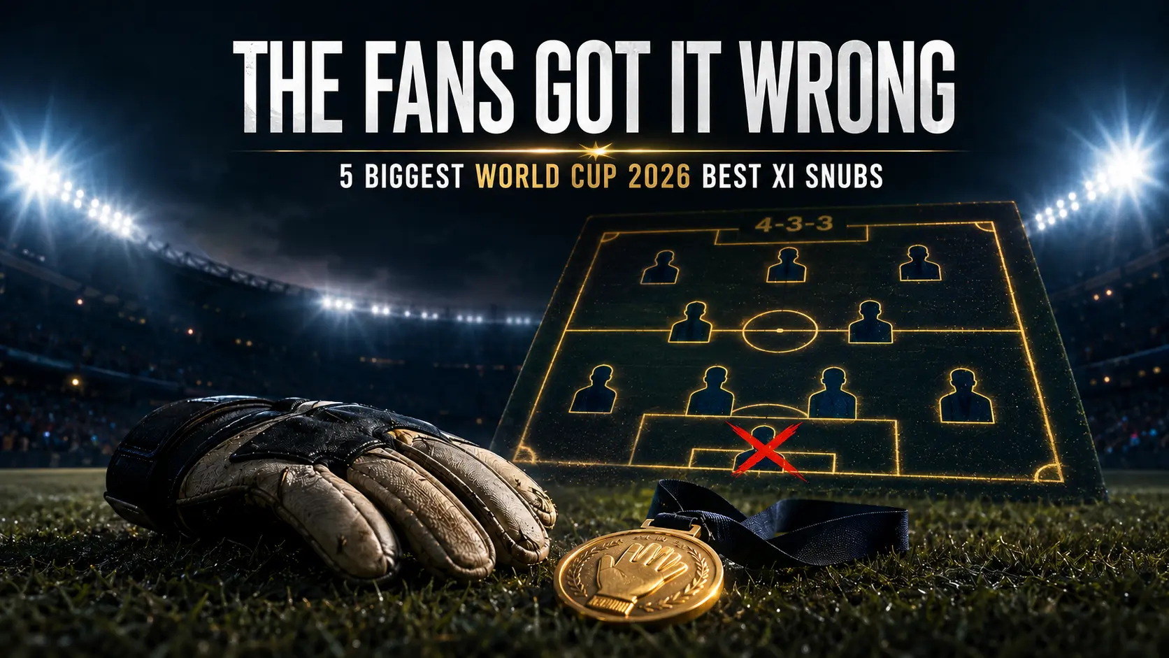 World Cup 2026 Best XI snubs — abandoned goalkeeper glove and Golden Glove medal on pitch with crossed-out player on tactics board