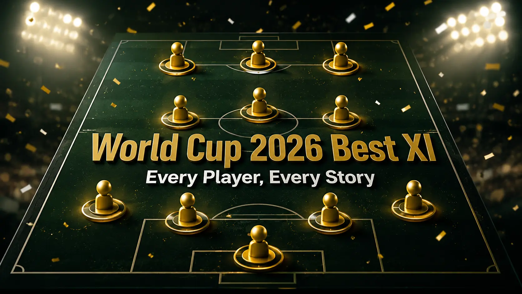 World Cup 2026 Best XI — golden player markers in a 4-3-3 formation on a tactics board