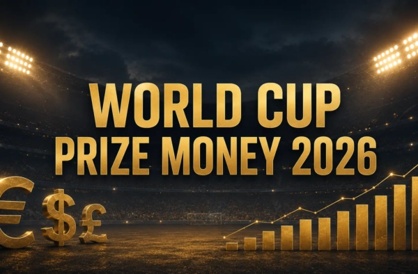 Gold text reading World Cup Prize Money 2026 over a floodlit stadium with rising bar chart graphics