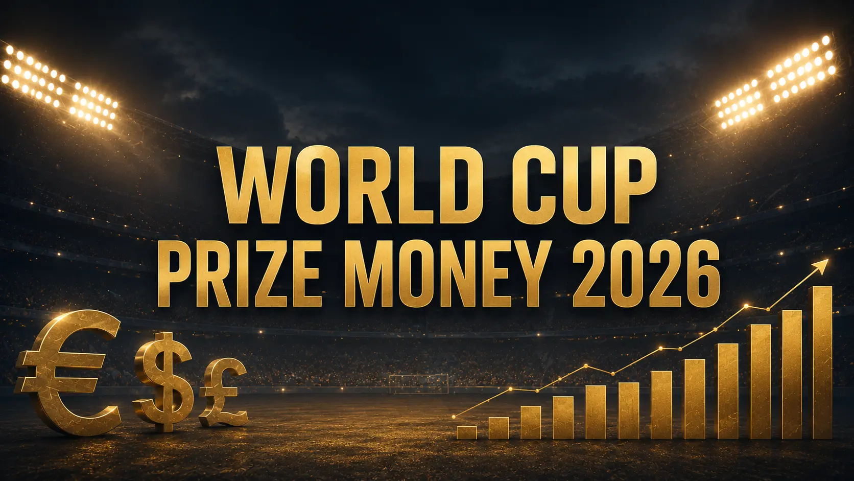 Gold text reading World Cup Prize Money 2026 over a floodlit stadium with rising bar chart graphics
