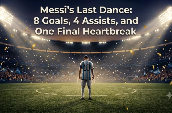 Player in number 10 Argentina colors standing alone with bowed head in a confetti-filled stadium, illustrating Messi's 2026 World Cup farewell.