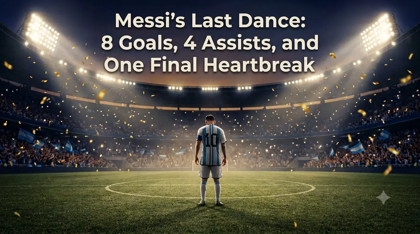 Player in number 10 Argentina colors standing alone with bowed head in a confetti-filled stadium, illustrating Messi's 2026 World Cup farewell.