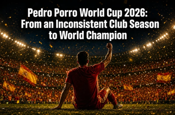 Pedro Porro Spain World Cup 2026 — silhouetted right-back celebrating with raised fist as world champion.