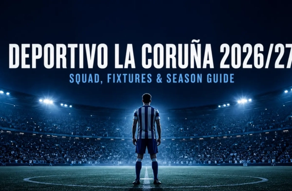 Silhouetted footballer in blue and white stripes under stadium floodlights — Deportivo La Coruña 2026/27 season guide