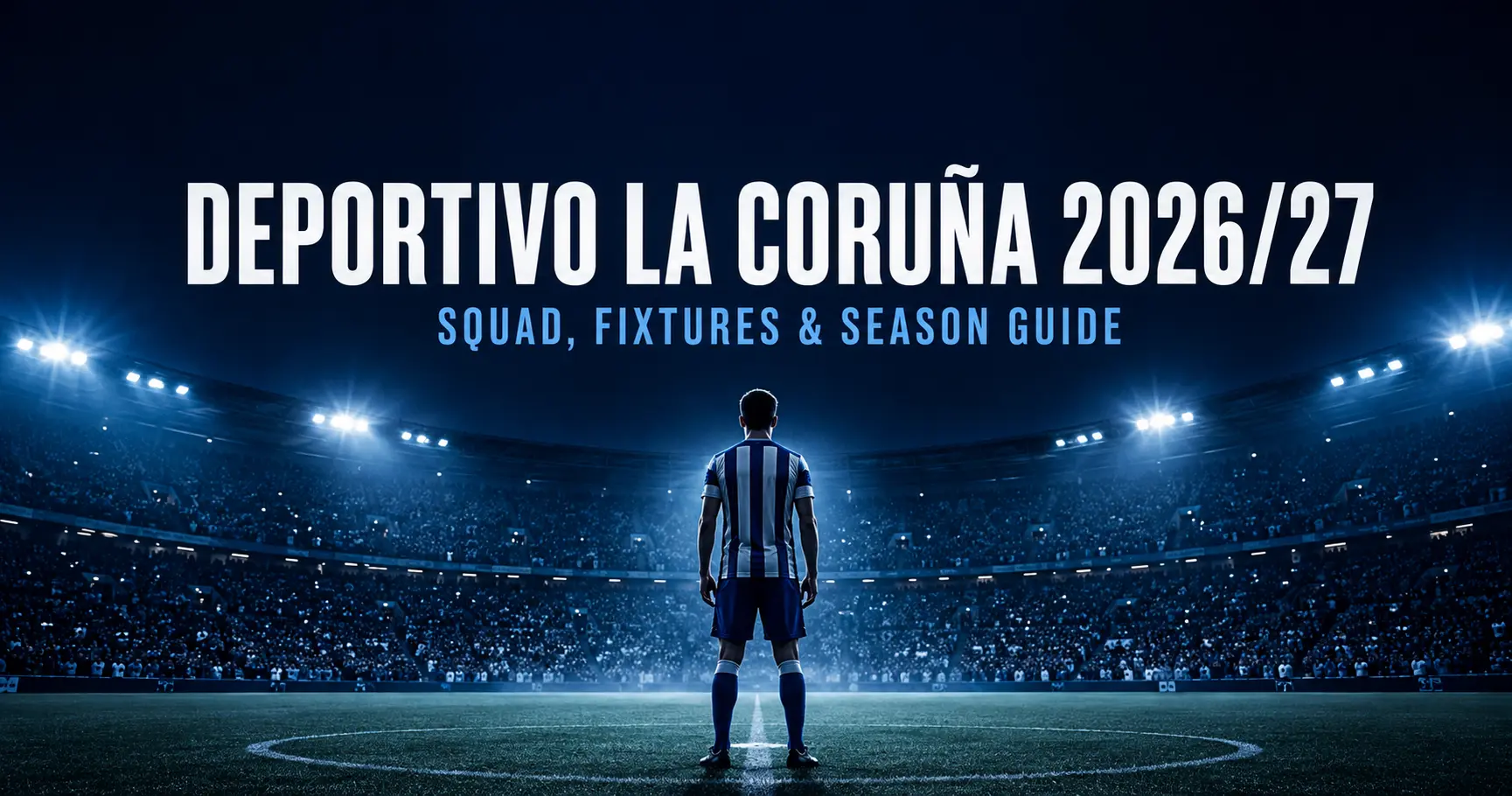 Silhouetted footballer in blue and white stripes under stadium floodlights — Deportivo La Coruña 2026/27 season guide