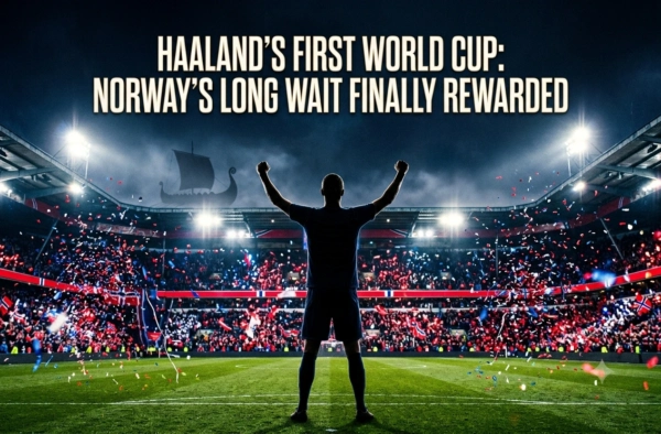Haaland World Cup 2026 — silhouetted footballer celebrating in a confetti-filled stadium with Norwegian flags