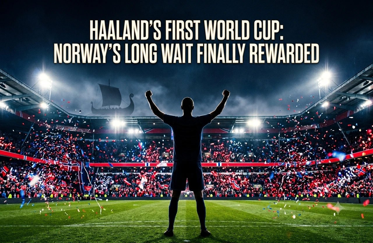 Haaland World Cup 2026 — silhouetted footballer celebrating in a confetti-filled stadium with Norwegian flags