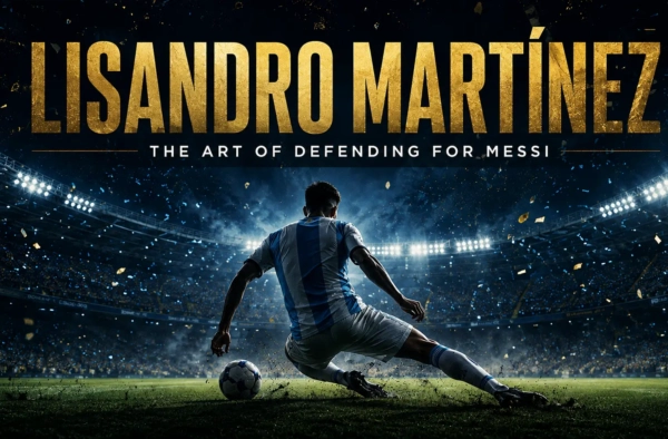 Silhouetted Argentina defender sliding into a tackle under floodlights — Lisandro Martínez defending style
