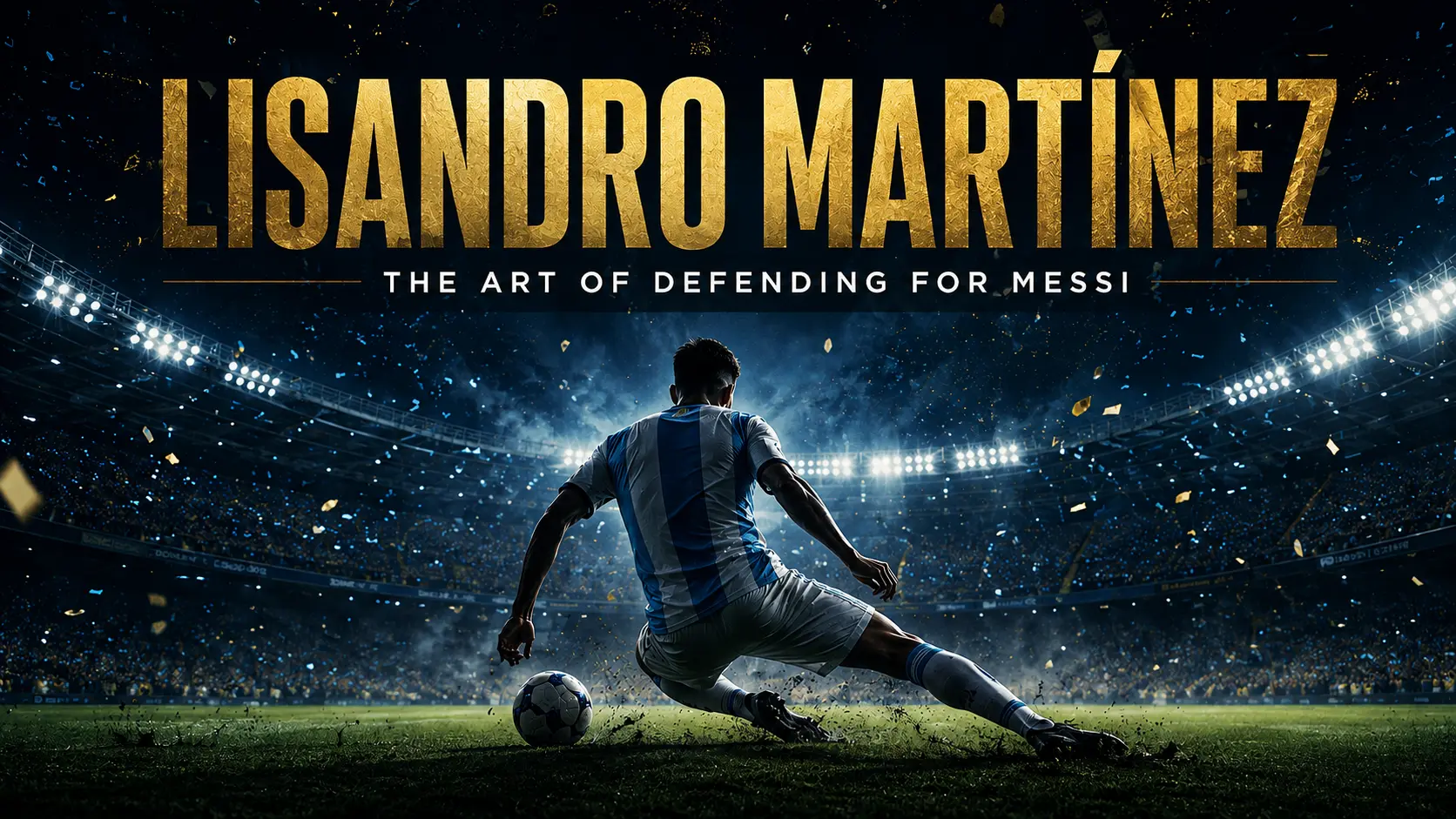 Silhouetted Argentina defender sliding into a tackle under floodlights — Lisandro Martínez defending style