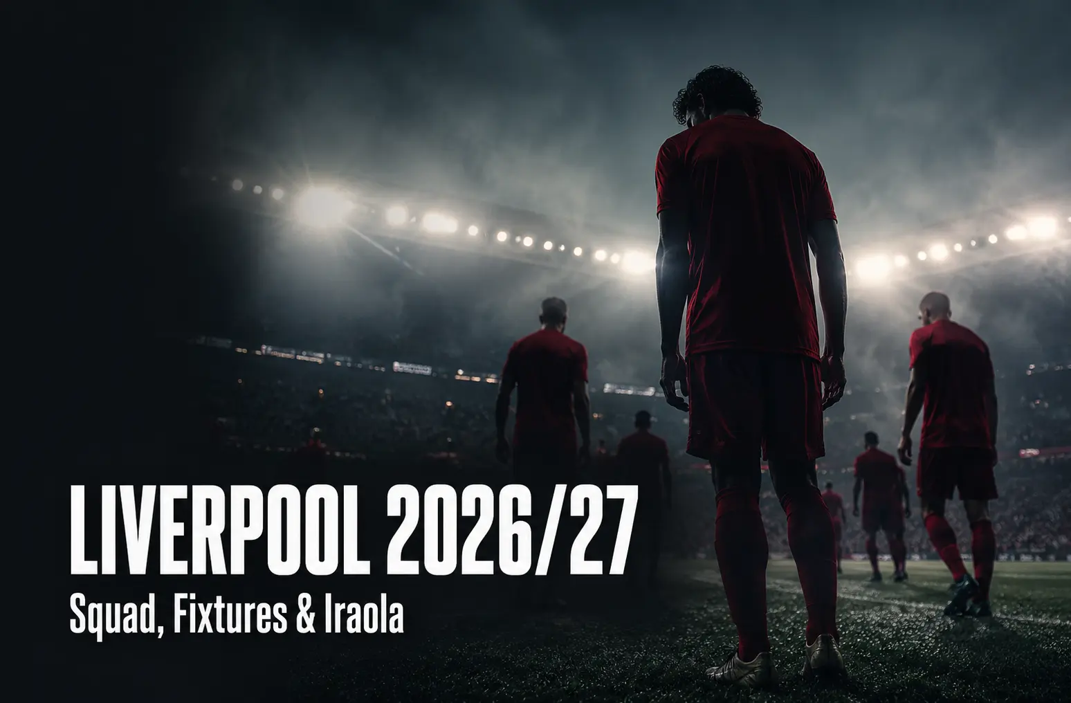 Silhouetted footballers in crimson under stadium floodlights — Liverpool 2026/27 season guide