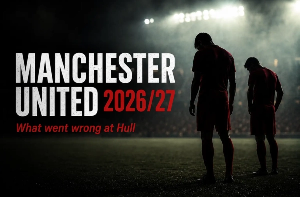 Silhouetted footballers in red under stadium floodlights — Manchester United 2026/27 season guide