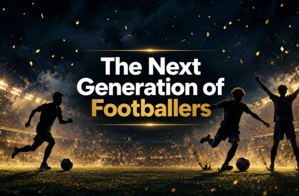 Silhouetted young footballers in action under stadium lights — the next generation of footballers.