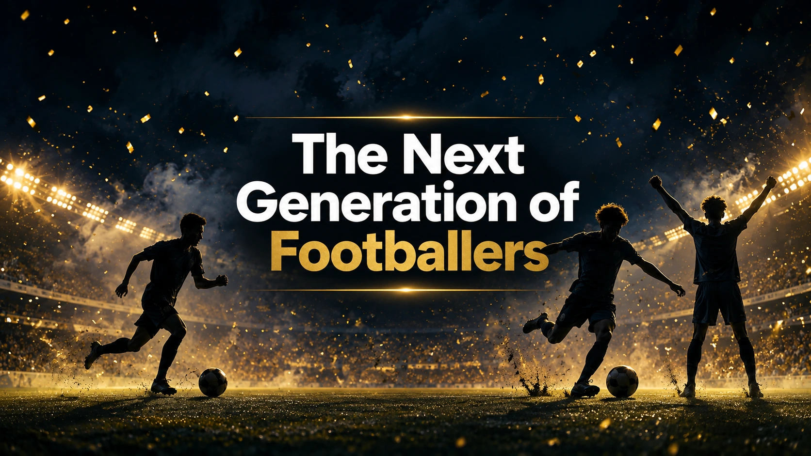 Silhouetted young footballers in action under stadium lights — the next generation of footballers.