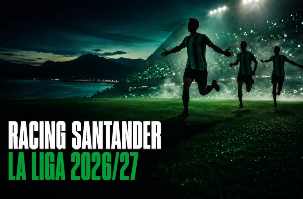 Silhouetted footballers in green and white stripes celebrating under floodlights — Racing Santander La Liga 2026/27 season guide