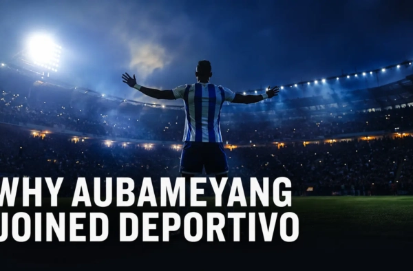 Silhouetted footballer in blue and white stripes celebrating under stadium floodlights — why Aubameyang joined Deportivo