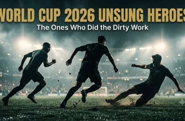 World Cup 2026 unsung heroes: three silhouetted footballers sprinting, driving forward and sliding into a tackle under stadium lights