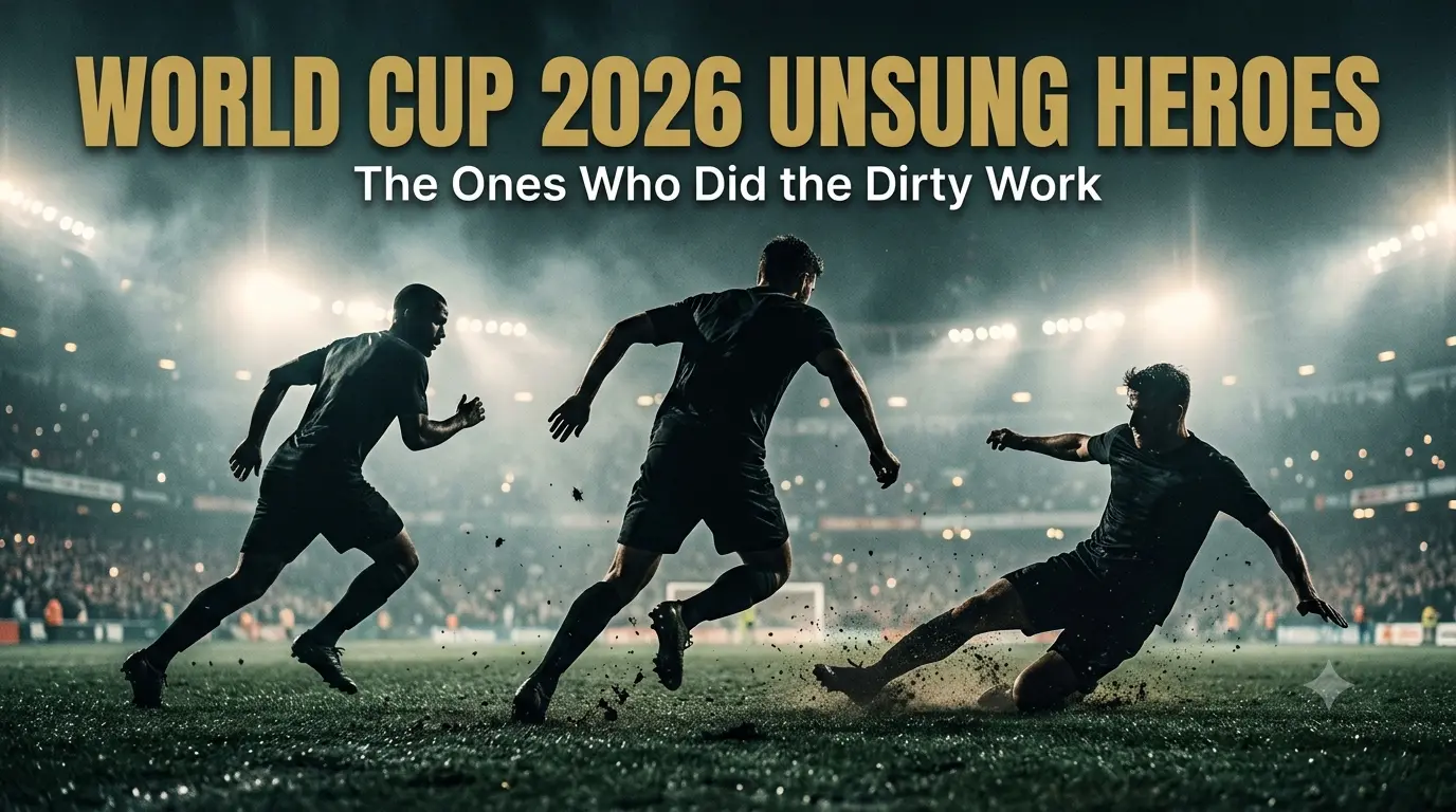 World Cup 2026 unsung heroes: three silhouetted footballers sprinting, driving forward and sliding into a tackle under stadium lights