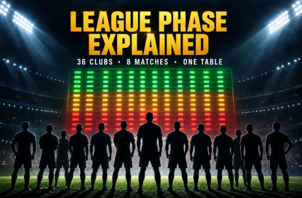Silhouetted footballers under stadium floodlights before a standings board banded green, amber and red — Champions League league phase explained