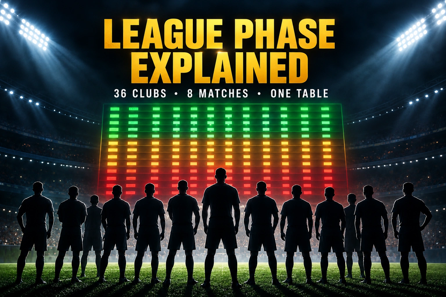 Silhouetted footballers under stadium floodlights before a standings board banded green, amber and red — Champions League league phase explained