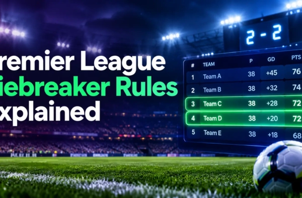 Premier League tiebreaker rules explained – league table showing Team C and Team D level on 72 points, separated by goal difference.