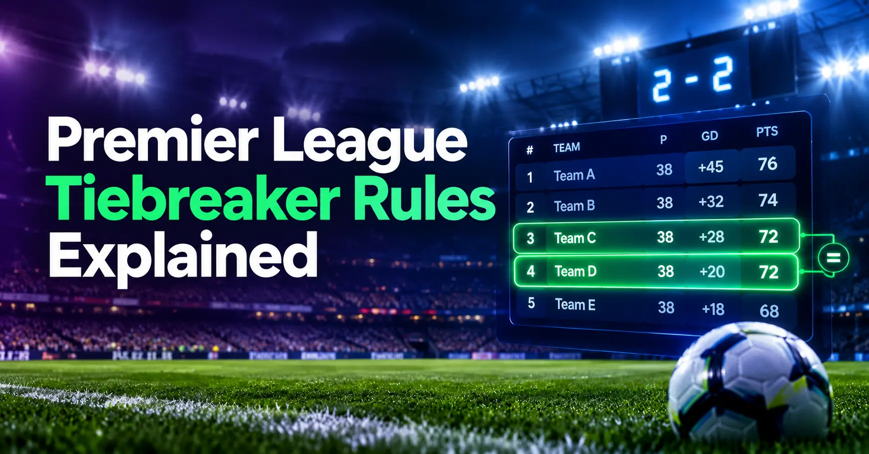Premier League tiebreaker rules explained – league table showing Team C and Team D level on 72 points, separated by goal difference.