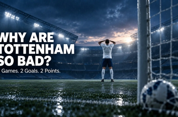 Why are Tottenham so bad – lone footballer with hands on head in an empty, rain-soaked stadium after Spurs' winless start
