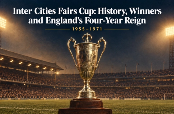 Inter Cities Fairs Cup trophy illustration in a vintage floodlit stadium