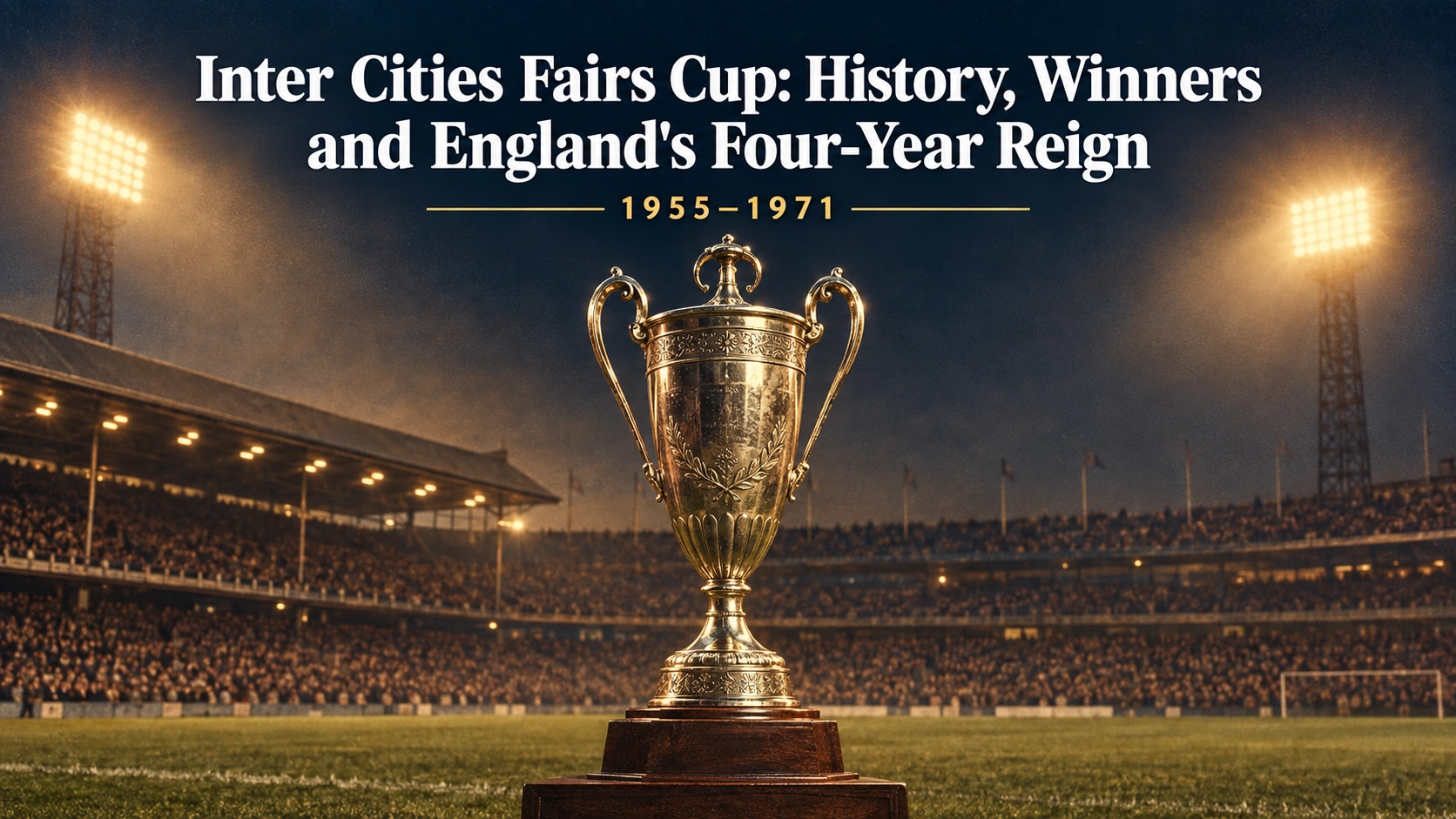 Inter Cities Fairs Cup trophy illustration in a vintage floodlit stadium