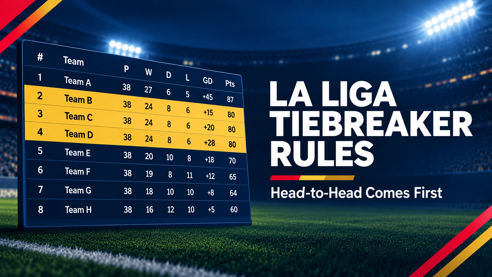 la liga tiebreaker rules - La Liga table showing three teams level on 80 points with different goal differences