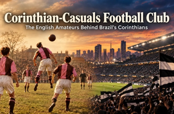 Corinthian-Casuals Football Club early 1900s amateur match in pink and brown kits, linked to Brazil's Corinthians.
