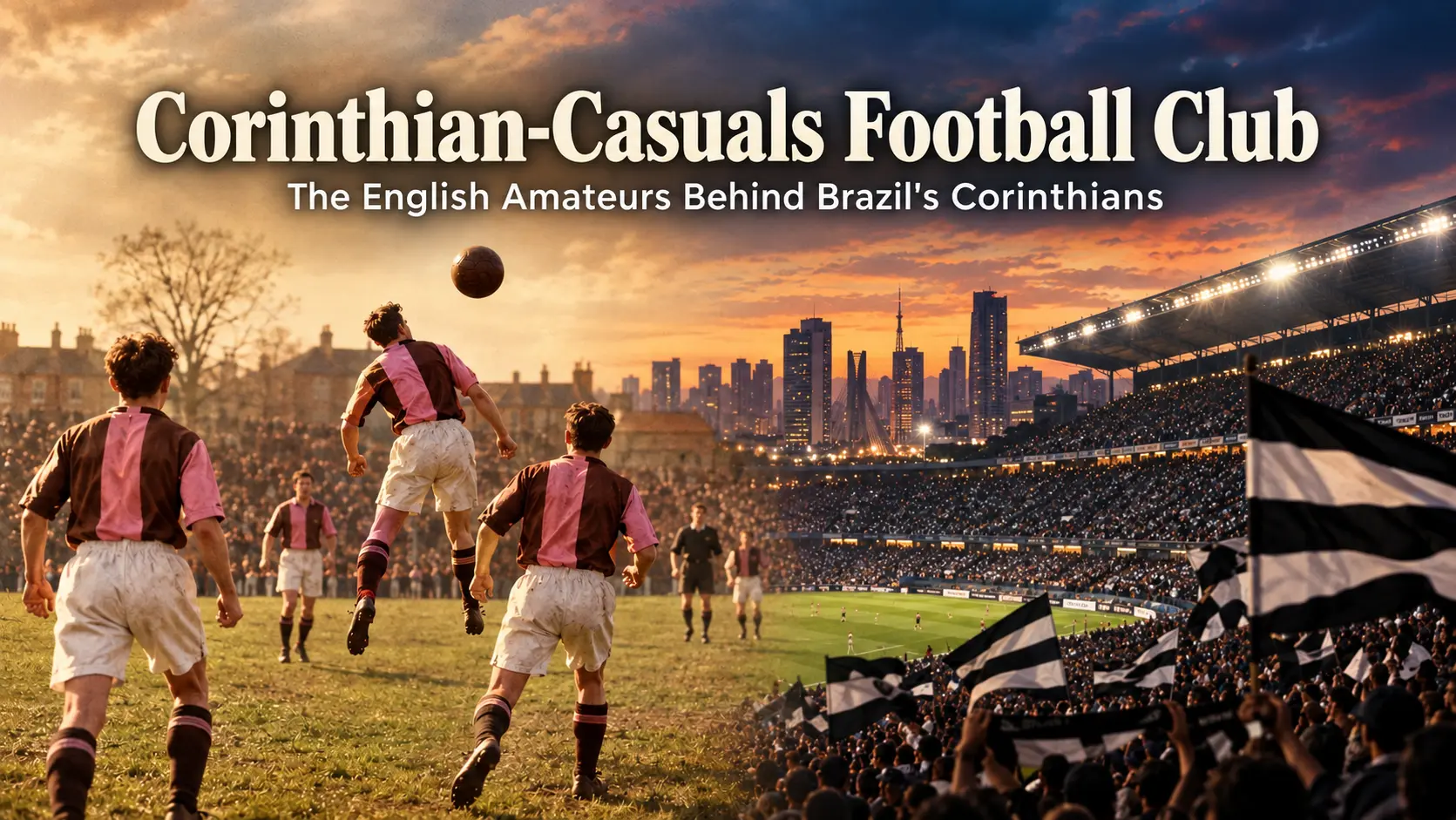 Corinthian-Casuals Football Club early 1900s amateur match in pink and brown kits, linked to Brazil's Corinthians.