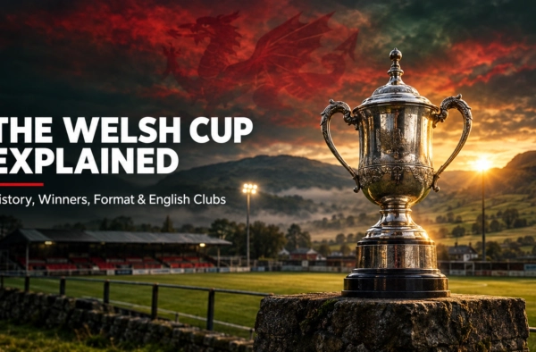 Silver trophy in front of a floodlit Welsh football ground – The Welsh Cup Explained.