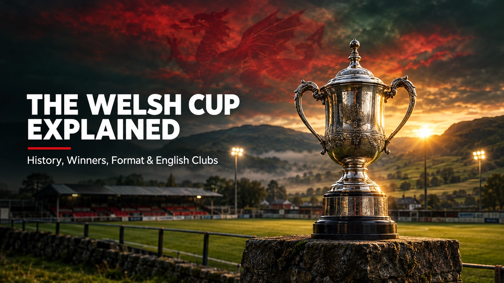 Silver trophy in front of a floodlit Welsh football ground – The Welsh Cup Explained.